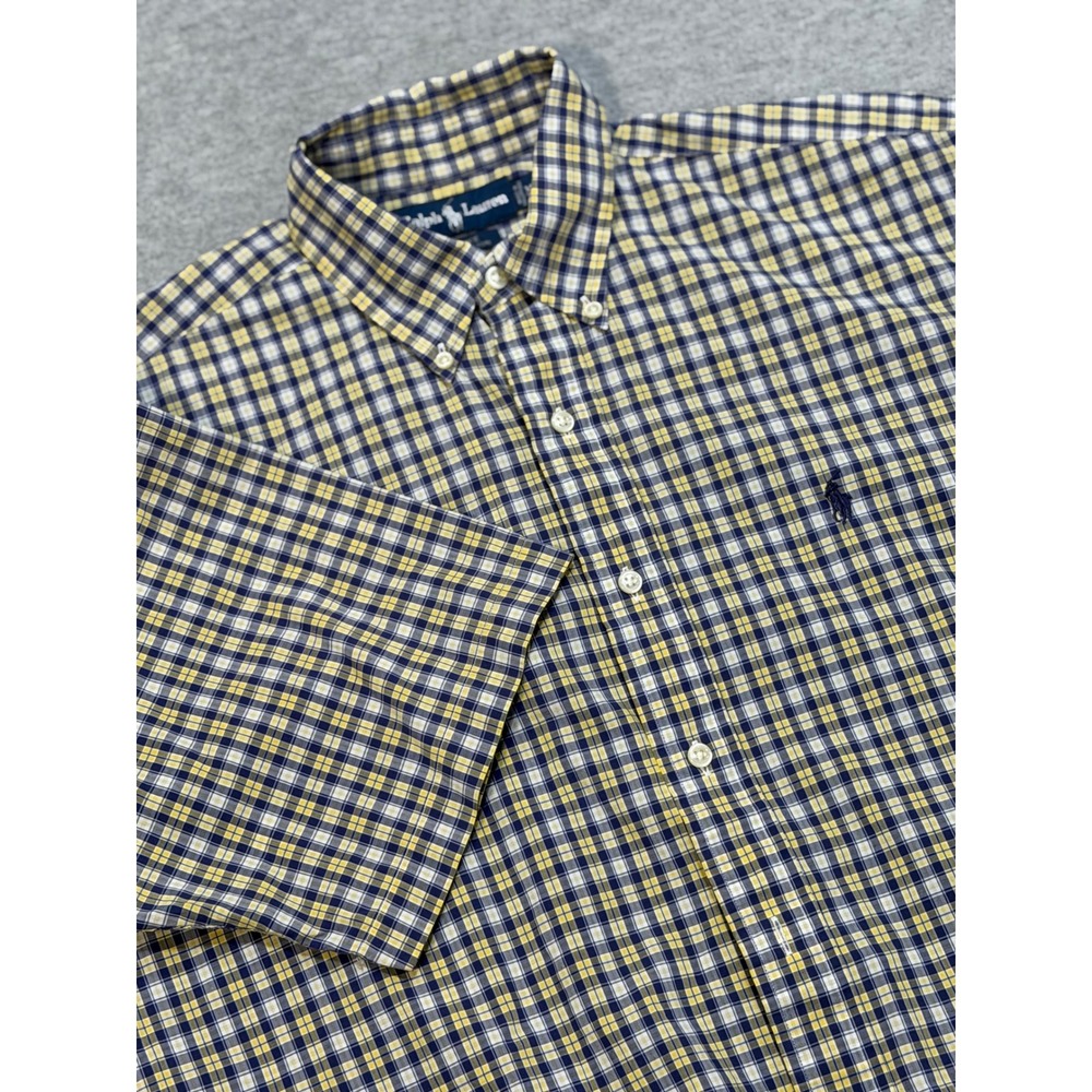 Ralph Lauren Blake Mens Medium‎ Short Sleeve Plaid Button Down Shirt Navy Yellow